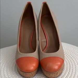 Tory Burch Tan and Orange Wedge Heels size 7